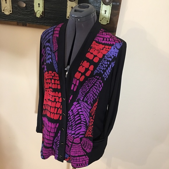 Bob Mackie Wearable Art Long Sleeve Long Cardigan Style Top With Pockets - Picture 7 of 12